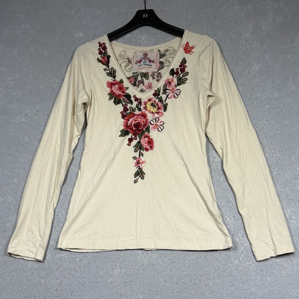 Johnny Was Top Women’s Medium Multicolored Embroidered V-Neck Long Sleeve Boho
